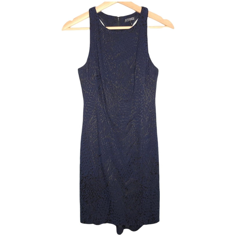 INTERMIX Brocade Bodycon Sleeveless T-strap Racerback Dress Navy Black S